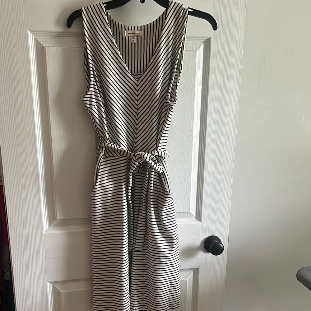 Monteau Navy and Cream Striped V-Neck Dress
